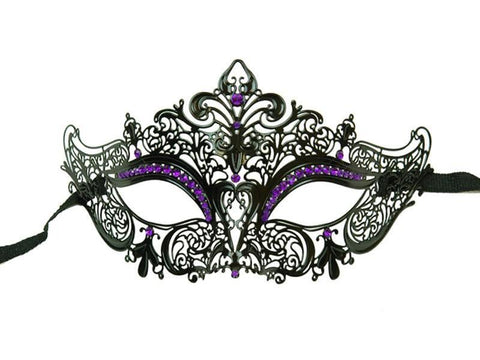 Metal Venetian Mask with Purple Eye Crystals - Black