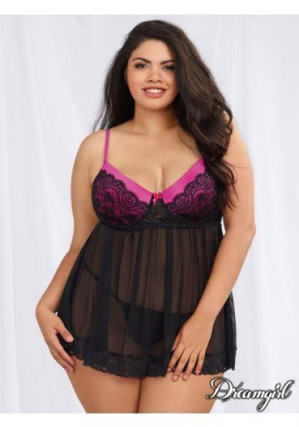 Black - Mesh and Lace Babydoll with G-String - Size