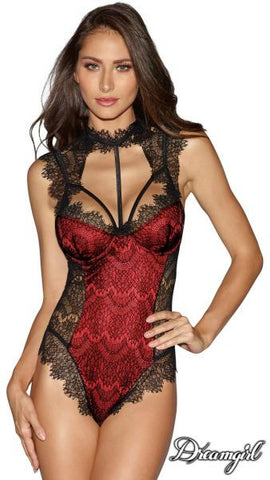 Black/Red - Satin Eyelash Lace Collared Teddy -