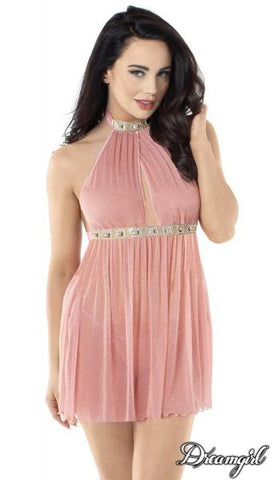 Rose Gold - Sparkle Stretch Mesh Halter Babydoll -