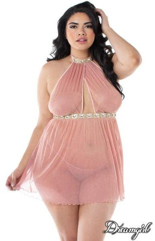 Rose Gold - Sparkle Stretch Mesh Halter Babydoll - Size