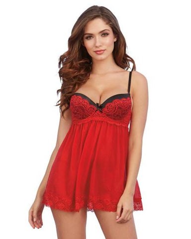 Ruby/Black - Mesh and Lace Babydoll with G-string -