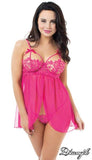 Fuchsia - Mesh & Venice Lace Fly-a-way Babydoll with G-String -