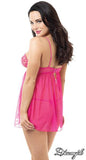 Fuchsia - Mesh & Venice Lace Fly-a-way Babydoll with G-String -