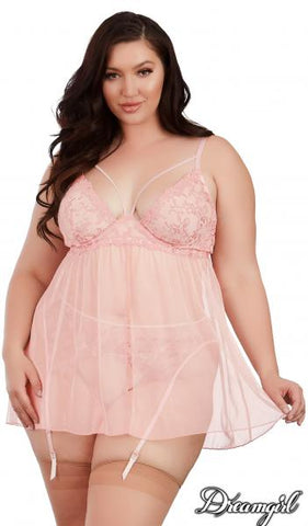 Pink Champagne - Flyaway Babydoll with Matching Garter Belt and G-String -