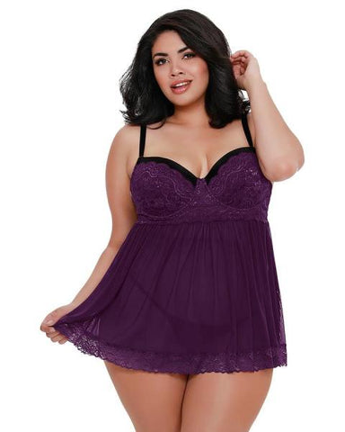 Mesh and Lace Babydoll with G-String - Plum/Black - Size