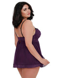 Mesh and Lace Babydoll with G-String - Plum/Black - Size