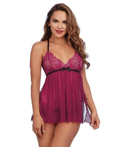 Stretch Mesh Lace Cup Babydoll and Panty - Raspberry -