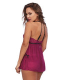 Stretch Mesh Lace Cup Babydoll and Panty - Raspberry -