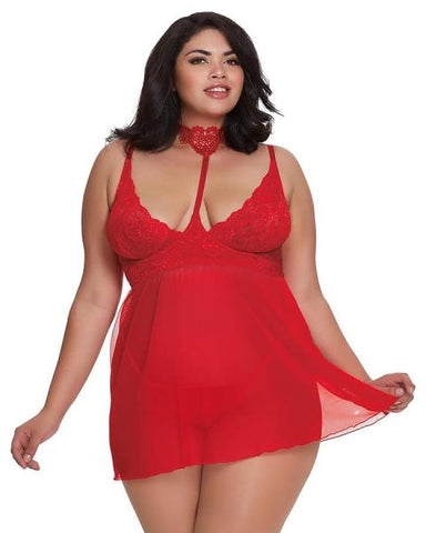 Stretch Lace Mesh Babydoll and Crotchless G-String - Lipstick Red - One Size/Queen