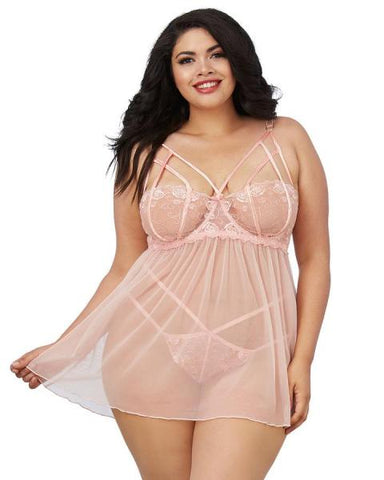 Opalescent Mesh and Embroidered Lace Chemise - Peach - Size