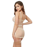 Nude Mesh Garter Slip with White Embroidery and G-String -