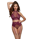 Halter Neckline Bra and High-Waisted Garter Panty - Mulberry -