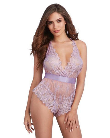 Open Back Eyelash Lace Romper - Lavender -