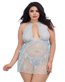 Lace Toga Chemise with G-String - Light Blue -