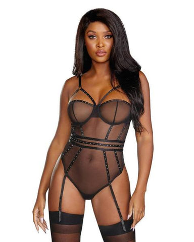 Sheer Stretch Mesh Underwire Studded Teddy - Black -