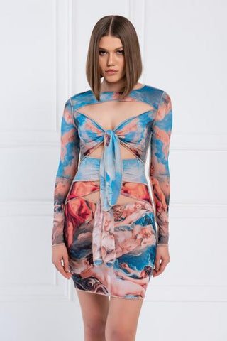 Self-Tie Sax Printed Mesh Dress - Blue/Nude -