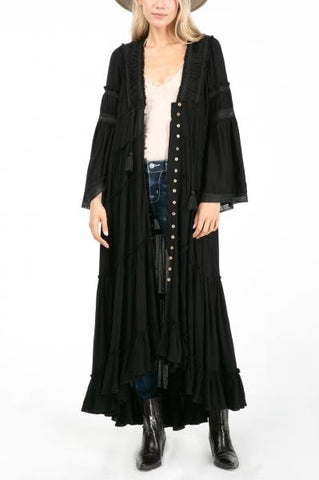 Long Sleeve Maxi Dress with Ruffle Hem - Black -