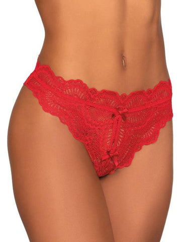 Lace Tanga Open-crotch Panty with Elastic Open Back Detail - Red -