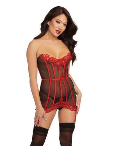 Sheer Mesh Garter Slip with Satin Seaming and G-string - Black/Red -