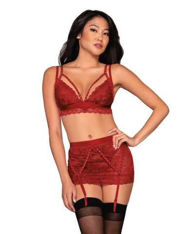 Bralette, Garterskirt & G-String Set with Studded Strapping - Garnet -