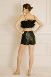 Feathered and Satin Crop Top - Black -