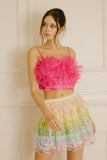 Feathered and Satin Crop Top - Hot Pink -