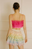 Feathered and Satin Crop Top - Hot Pink -