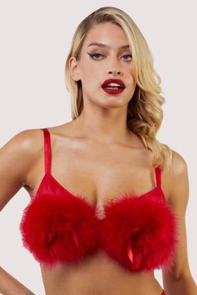 Elizabeth Plunge Feather Bra with Bows - Red - – BB Store