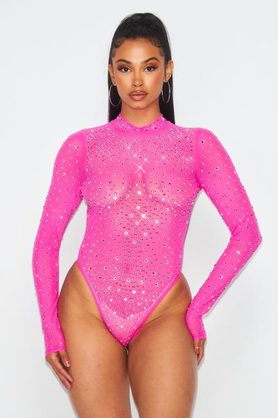 Rhinestone Mesh Bodysuit - Pink 