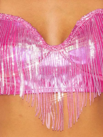Giselle Metallic Sequin Fringe Pu Crop Bra Top - Pink - – BB Store